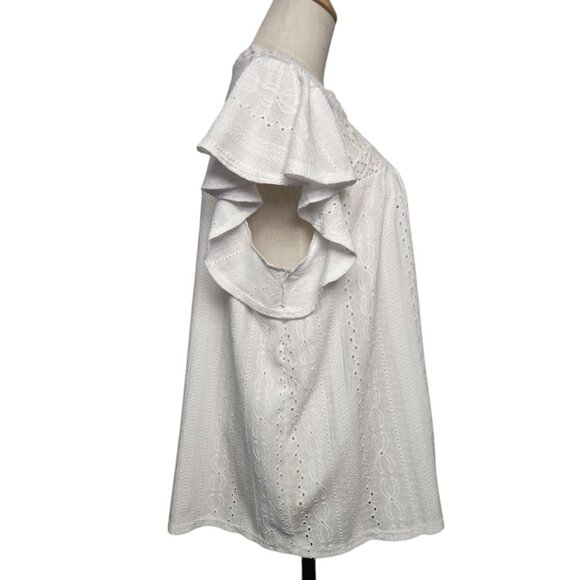 Cato Size XL Blouse Short Flutter Sleeve Eyelet Crochet White Cottage Coastal - Picture 3 of 8